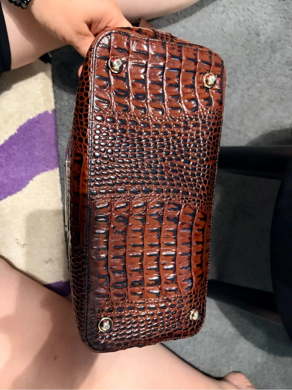 Brahmin Cream and Brown Croc-Trim Leather Satchel with Shoulder Strap